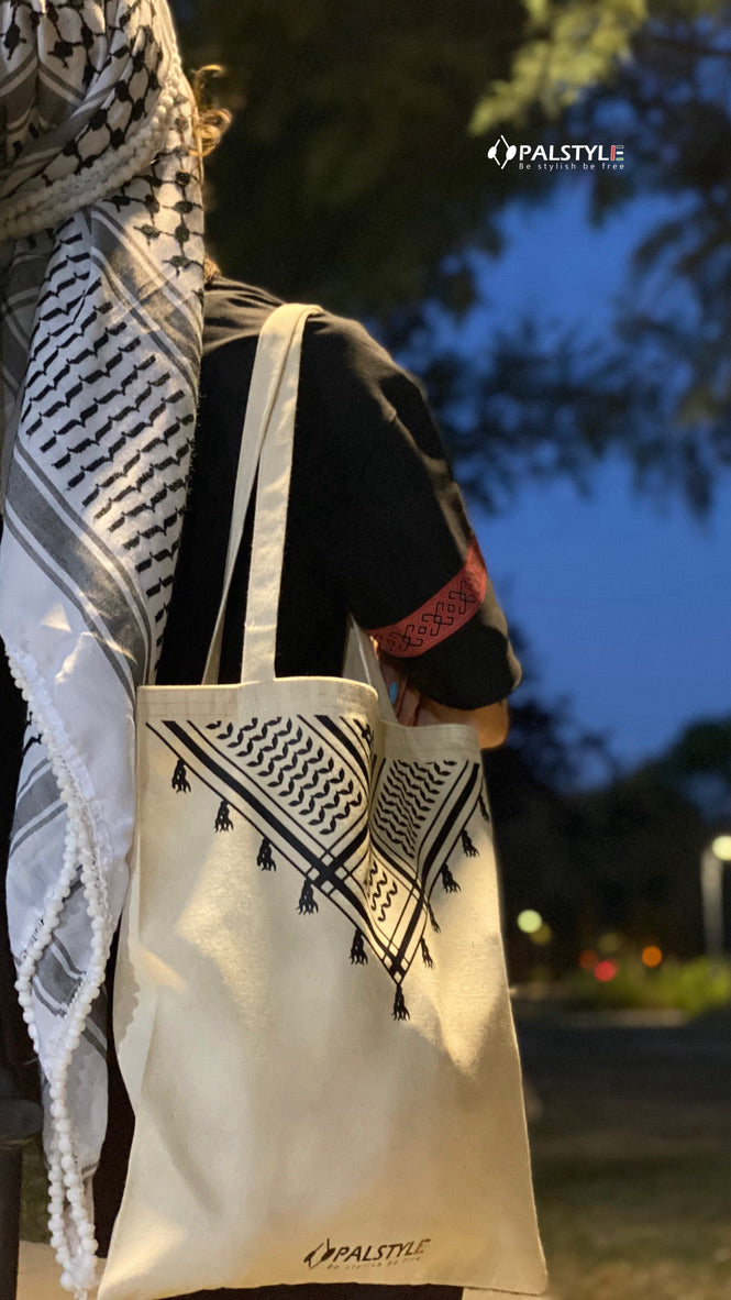 Palestinian Linen Tote Bag - Premium Print Quality | 40x35cm Beige & Black