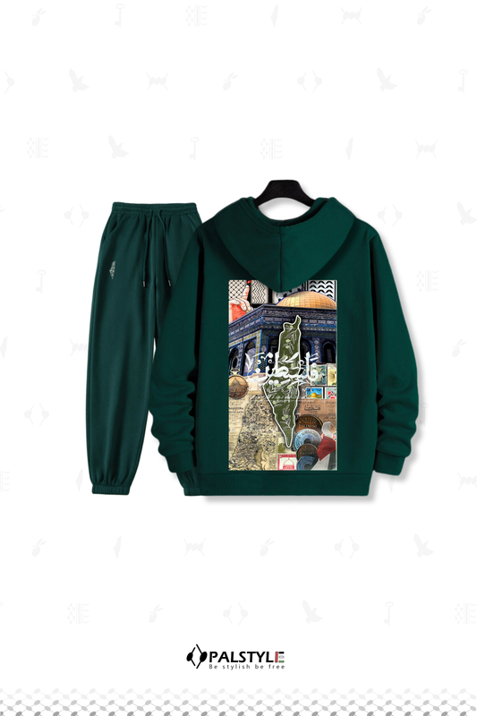 Palestinian Heritage Mosaic Tracksuit Set - Olive & Stamps Unisex