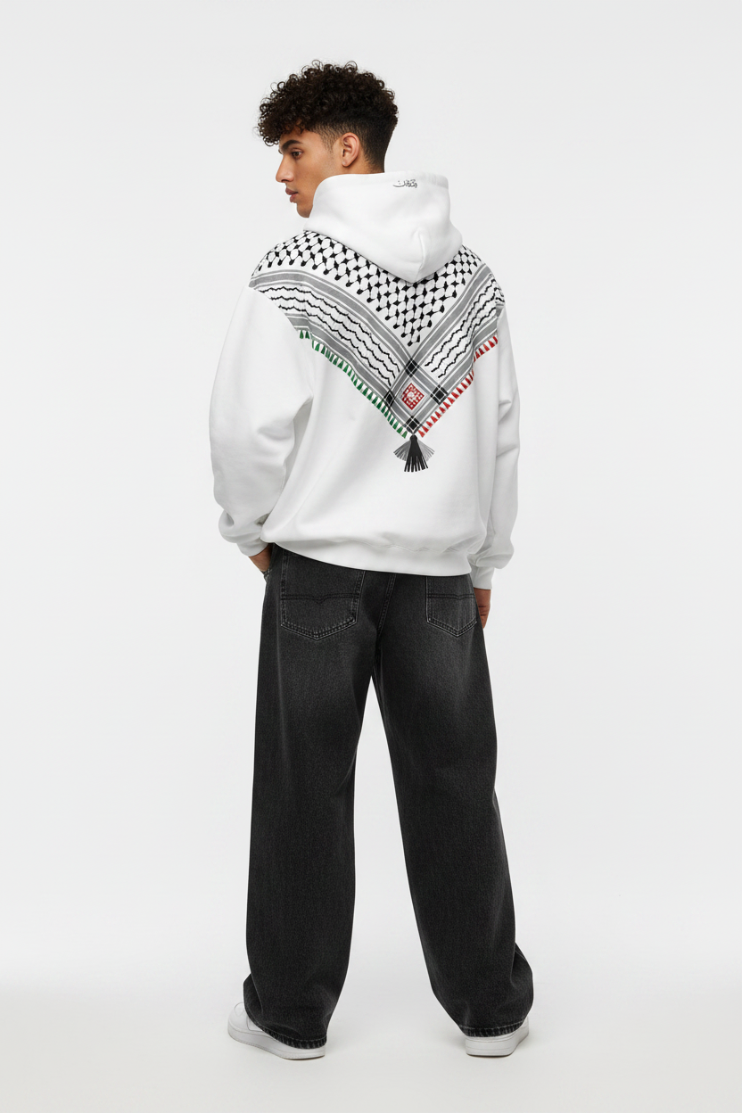 Handsome Gen Z model white keffiyeh hoodie back shot