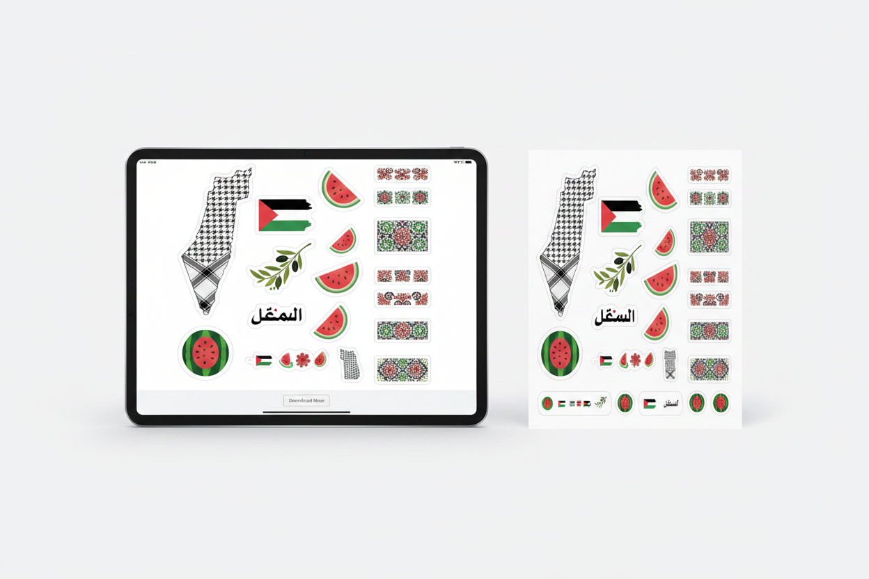 Digital product mockup showing Palestine stickers on iPad and printed sheet