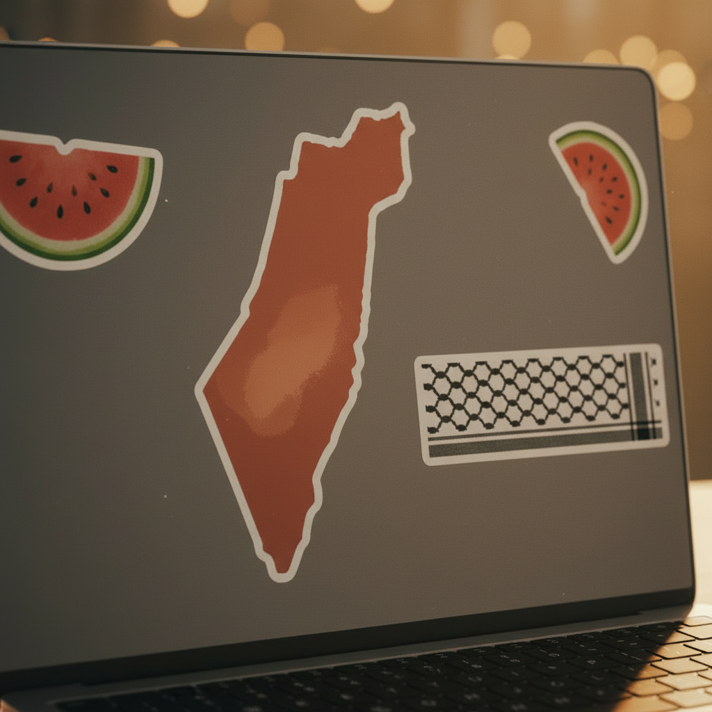 Close-up macro shot of Palestine stickers on MacBook