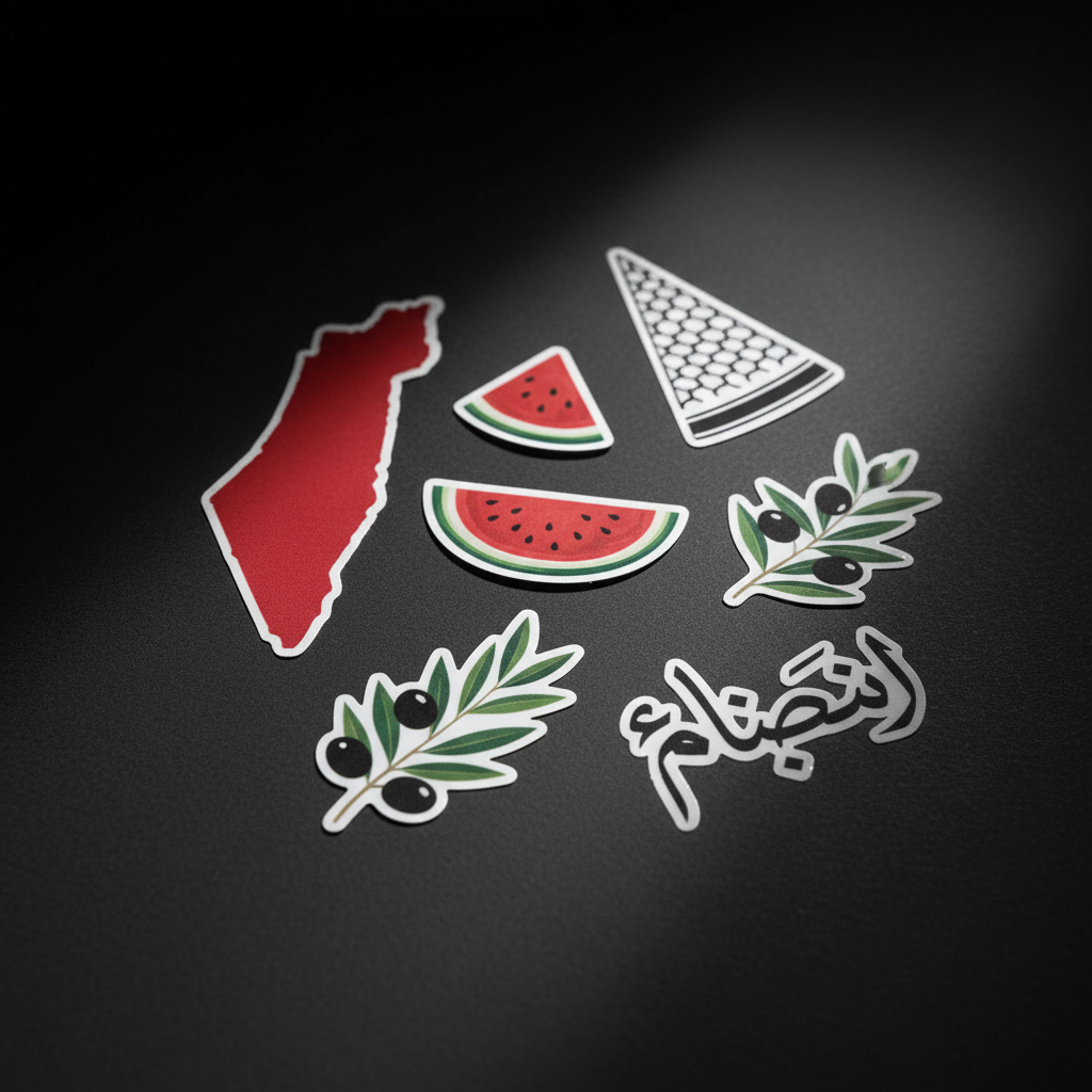 Dark moody product shot of Palestine die-cut stickers on matte surface