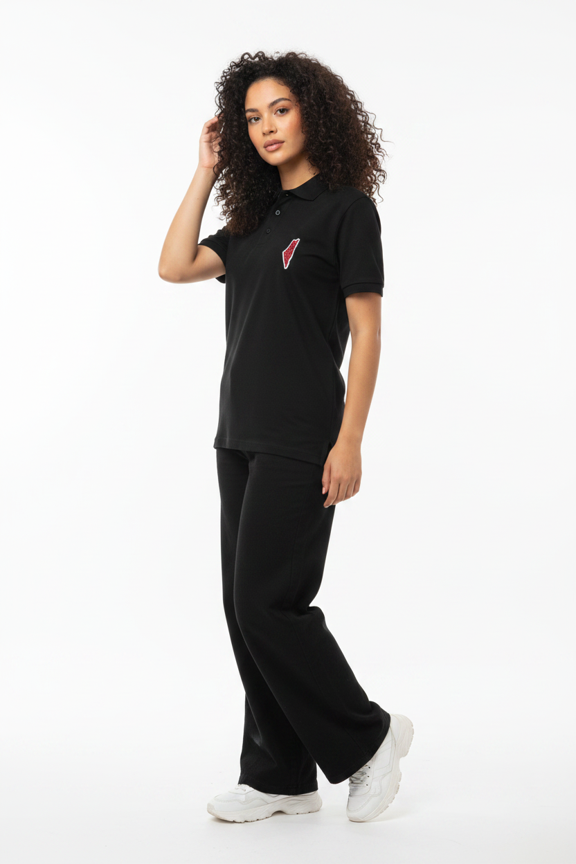 Female model 3/4 angle pose - Palestine Map Polo