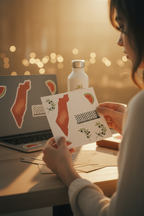 Hand holding Palestine sticker sheet in cafe lifestyle shot