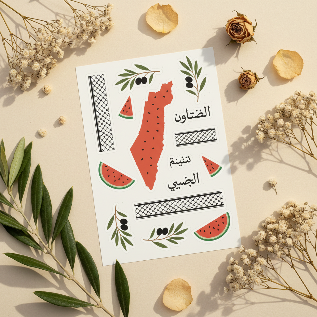 Flat lay of Palestine sticker sheet with olive branches