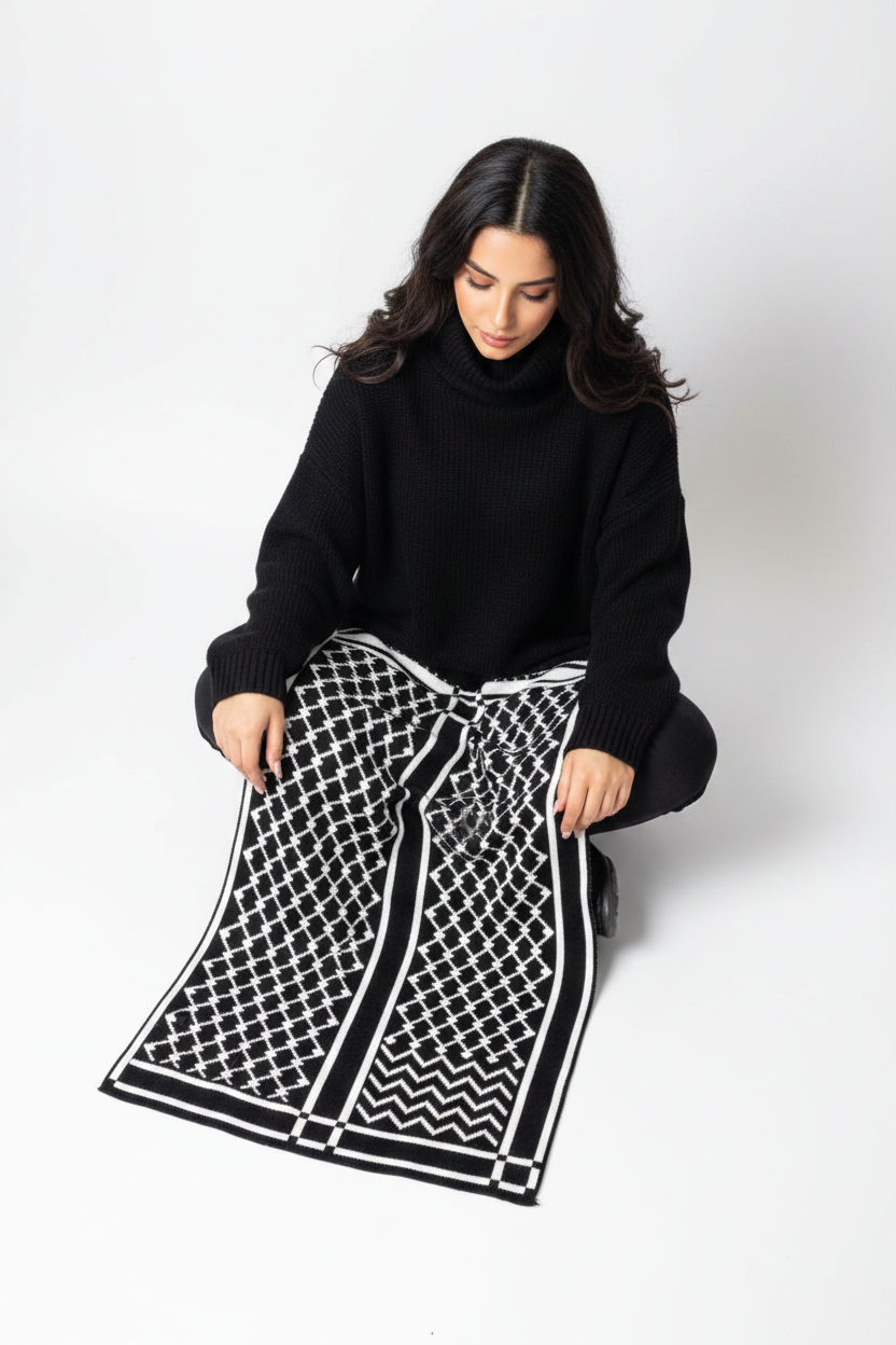 Shot B - Sitting on floor keffiyeh scarf spread